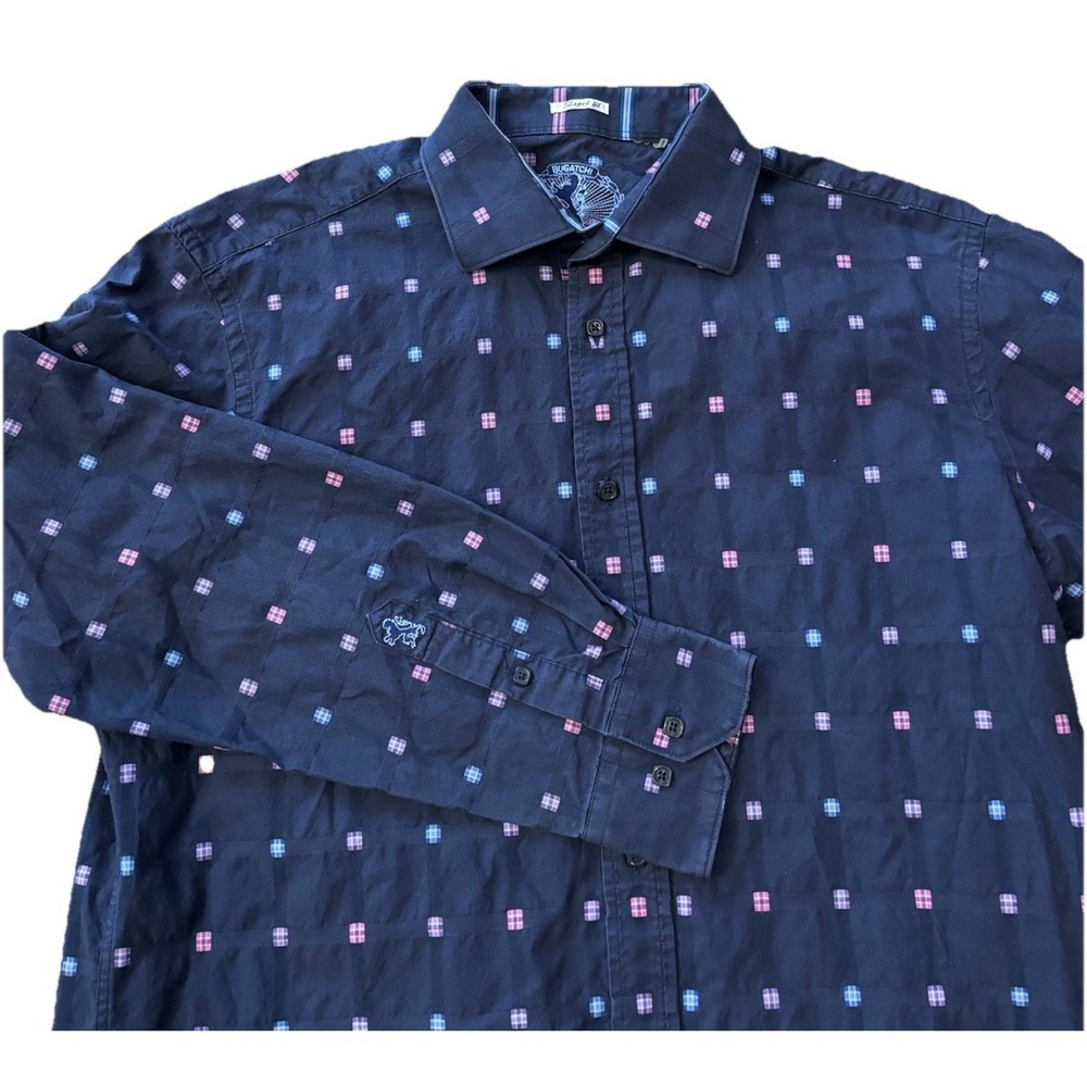 BUGATCHI Shaped‎ Fit Mens XL  Navy Blue Plaid Long Sleeve Button Down Shirt